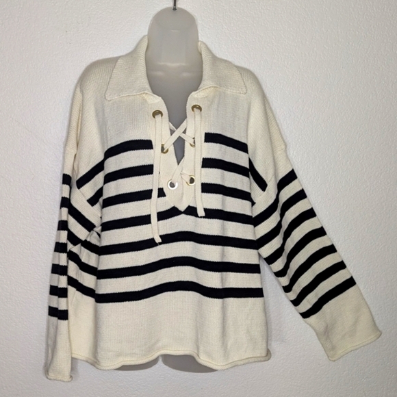 Maurices Sweaters - Maurice's Stripe Oversized Lace Up Front Collar Sweater Size 2X NWT